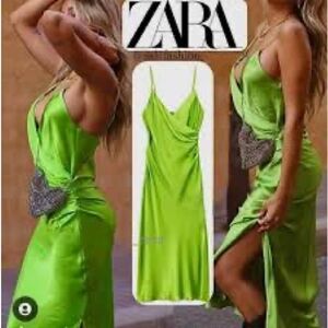 NWT Zara green satin effects surplus midi dress medium
